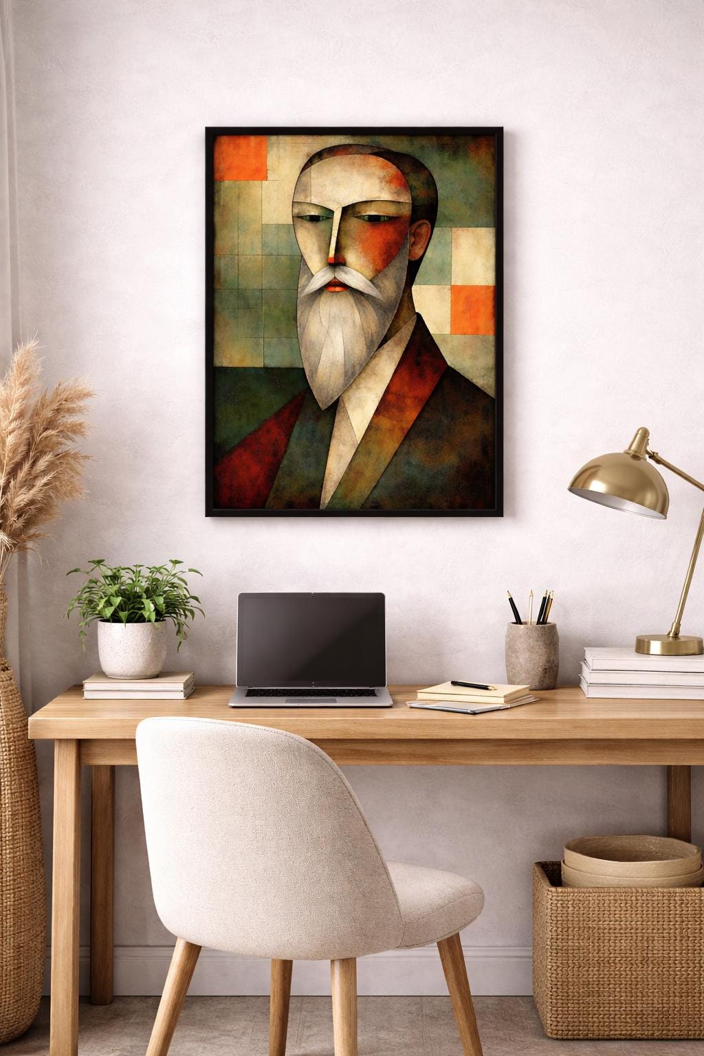 Abstract Cubist Man Wall Art, Bearded Male Portrait Print, Modern Geometric Face Art, Contemporary Printable Artwork