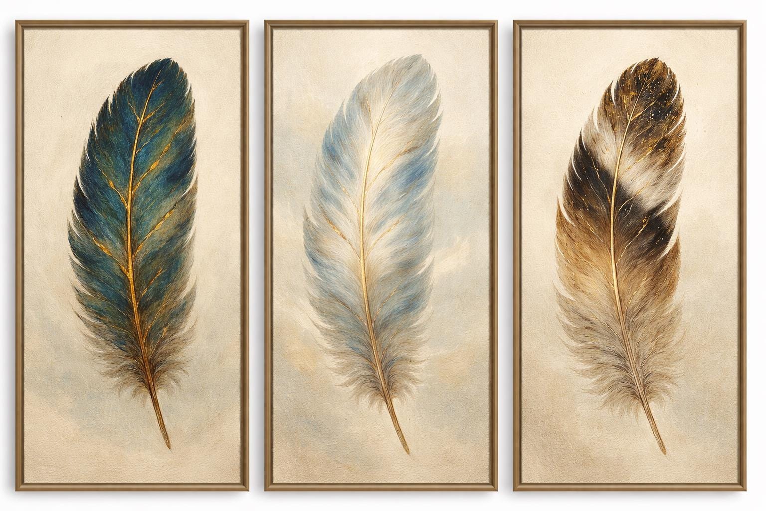 Feather Triptych Wall Art | Boho Gold Accent Art (Digital Download)