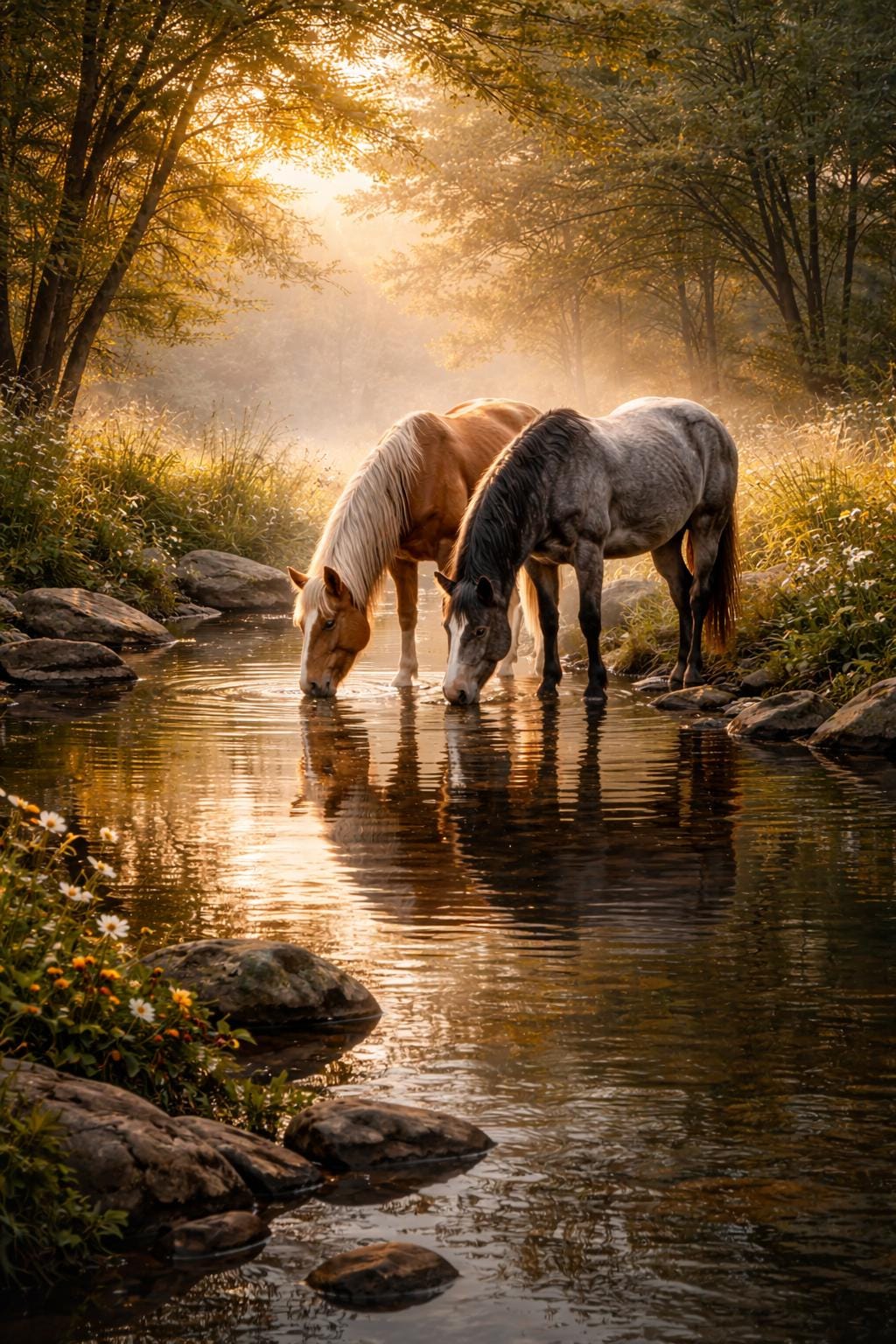 Horses Drinking at a Stream Wall Art, Horse Nature Print, Woodland Creek Artwork, Rustic Cabin Decor, Horse Lover Wall Art, Instant Download