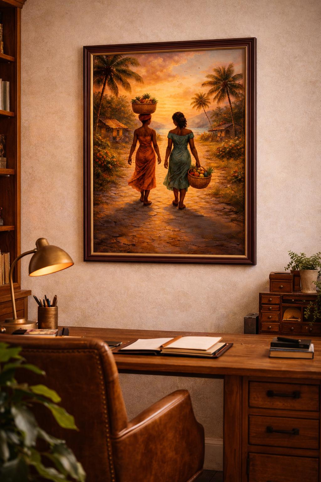 Afro Americana Oil Painting | Sunset Village, African Women (Digital Download)