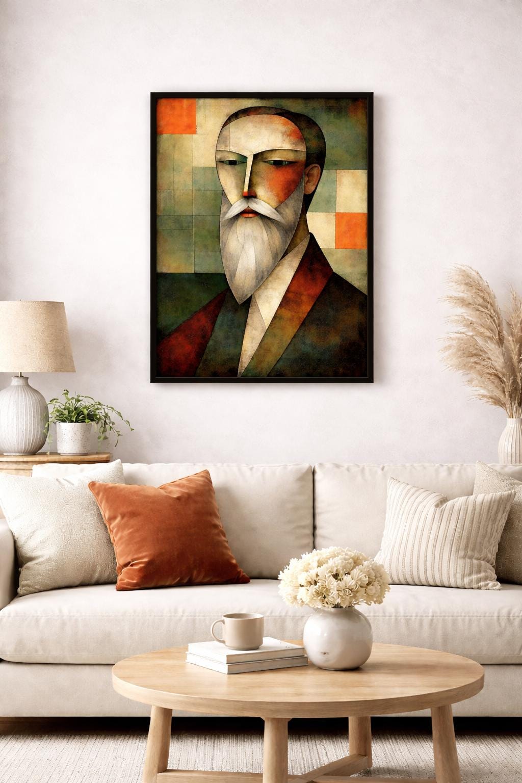 Abstract Cubist Man Wall Art, Bearded Male Portrait Print, Modern Geometric Face Art, Contemporary Printable Artwork