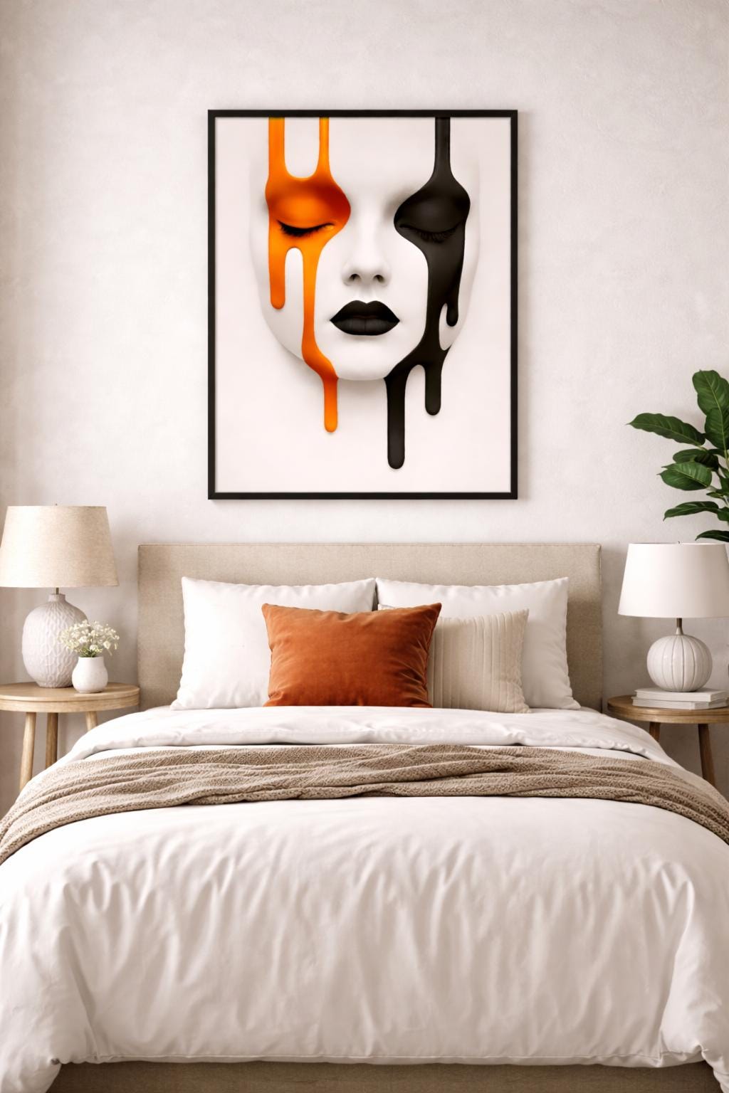 Abstract Melted Face Wall Art, Modern Surreal Portrait Print, Black Orange Minimal Art, Contemporary Digital Download
