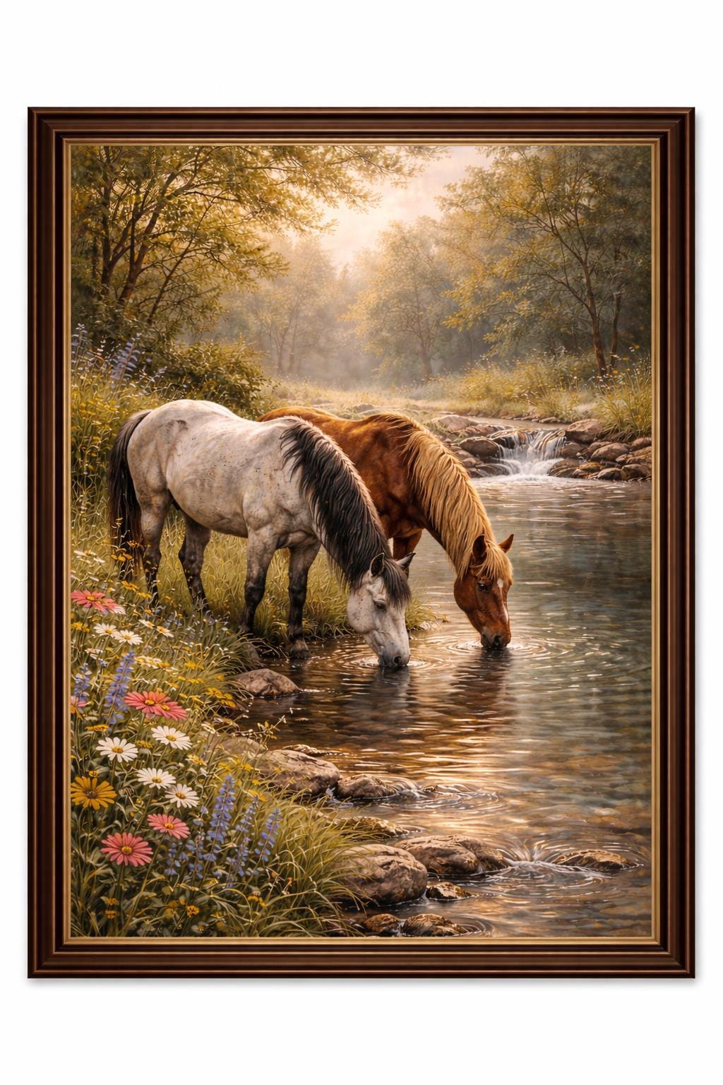 Horses Drinking at River Wall Art Printable, Peaceful Horse Landscape, Rustic Nature Painting, Farmhouse Cottage Decor, Digital Download