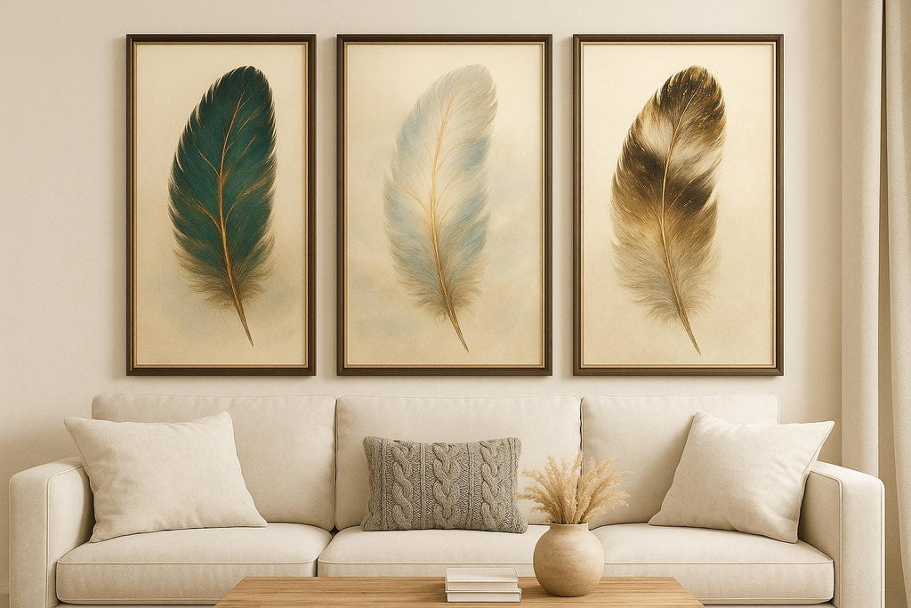 Feather Triptych Wall Art | Boho Gold Accent Art (Digital Download)