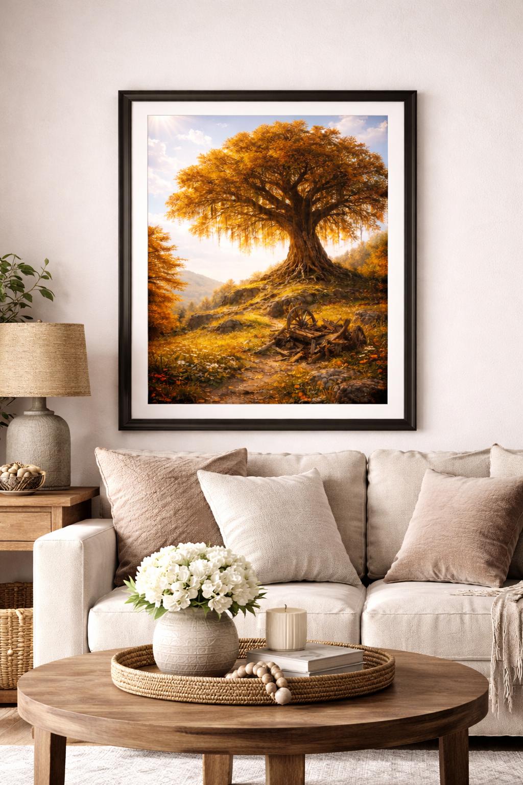 Ancient Autumn Tree Wall Art, Rustic Fantasy Landscape Print, Broken Oxcart Art, Fall Nature Decor, Printable Art