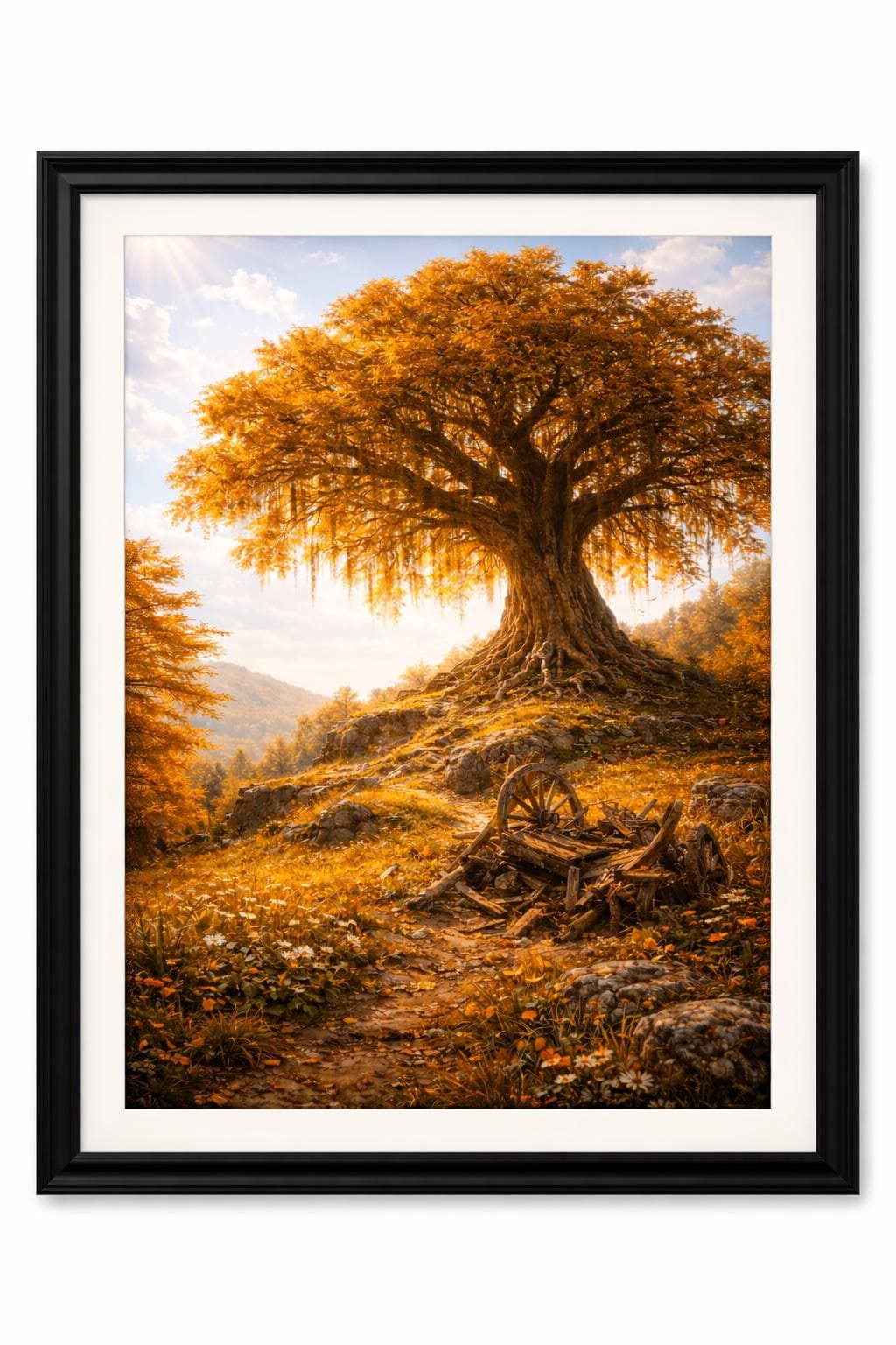 Ancient Autumn Tree Wall Art, Rustic Fantasy Landscape Print, Broken Oxcart Art, Fall Nature Decor, Printable Art