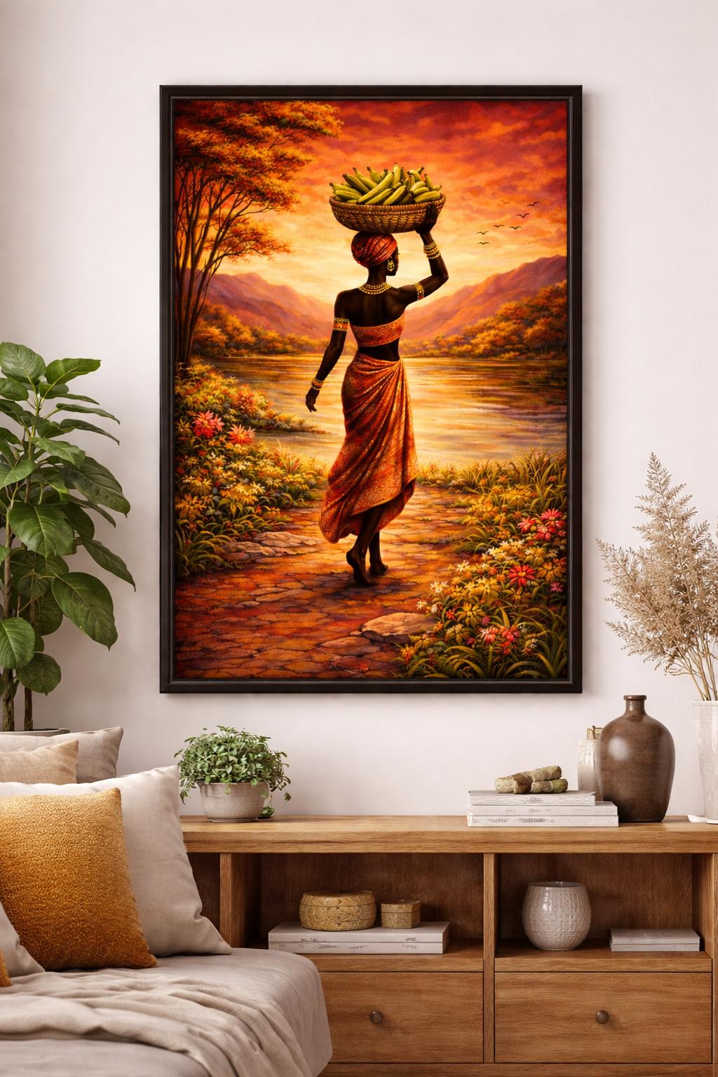 African Woman Plantain Art Print | Afrocentric Sunset Artwork (Digital Download)