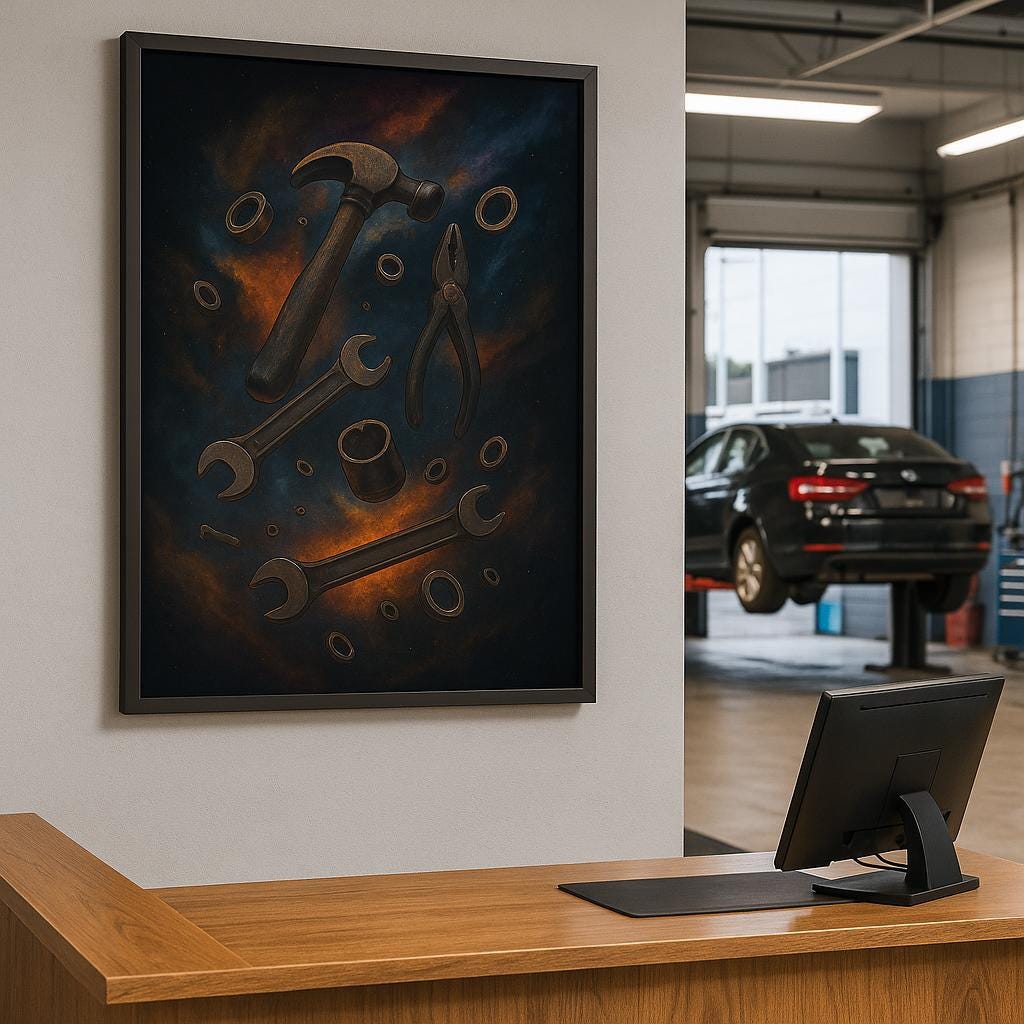 Cosmic Mechanic Tools Print – Galaxy Garage Art, Man Cave Decor