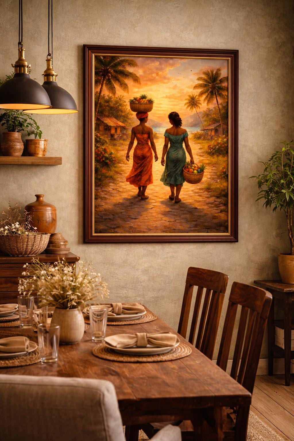 Afro Americana Oil Painting | Sunset Village, African Women (Digital Download)