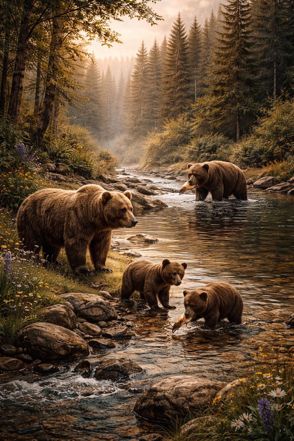 Bears by Woodland Stream Wall Art, Rustic Wildlife Landscape, Forest River Bears Print, Nature Cabin Decor Printable