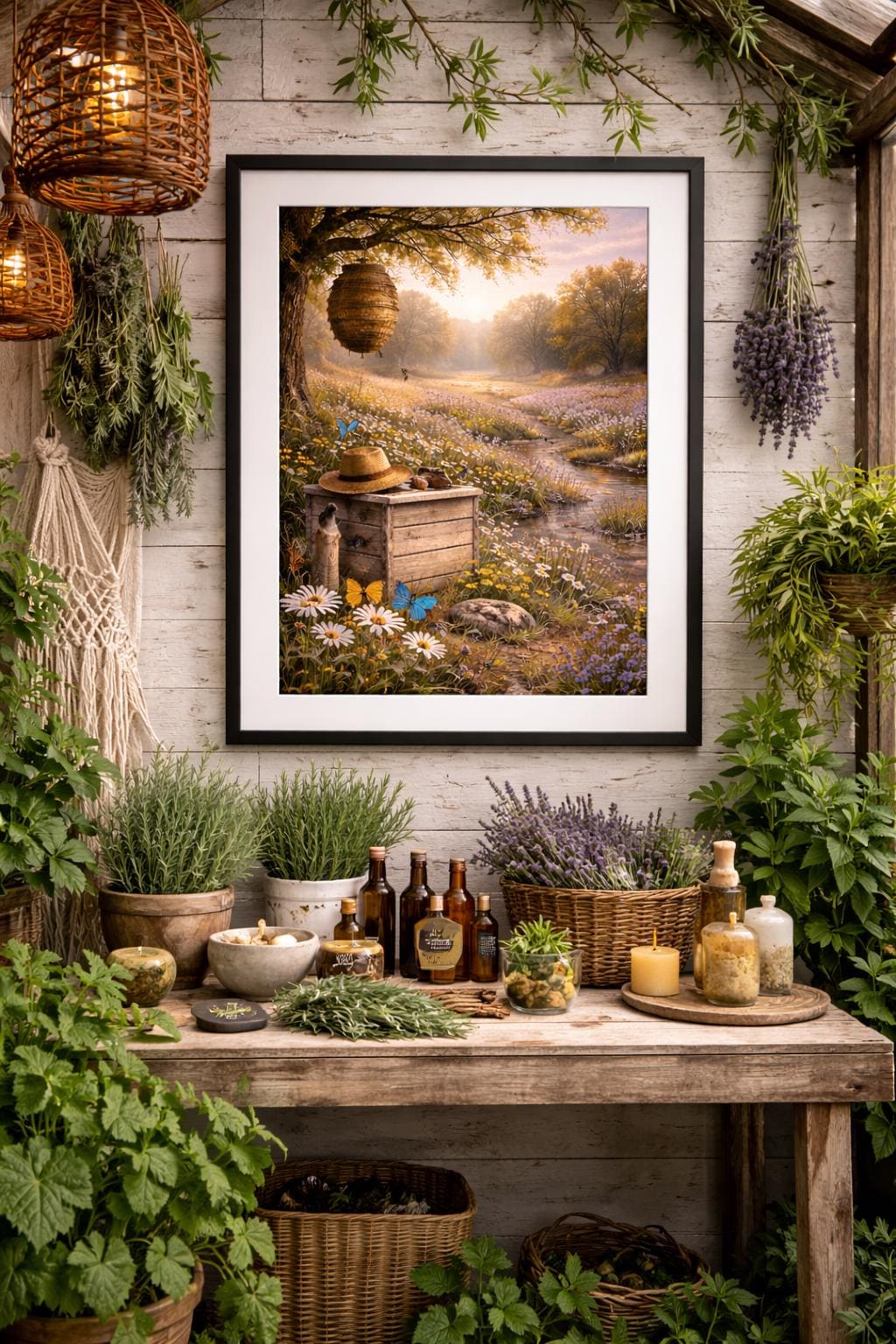 Beehive Wall Art, Butterflies and Wildflowers art, Nature Meadow Landscape, Cottage Farmhouse Printable Digital Download