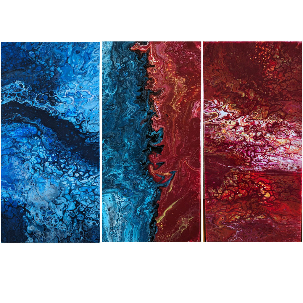Abstract Fluid Art Triptych, Blue Red Modern Wall Decor (Printable PDF Set)