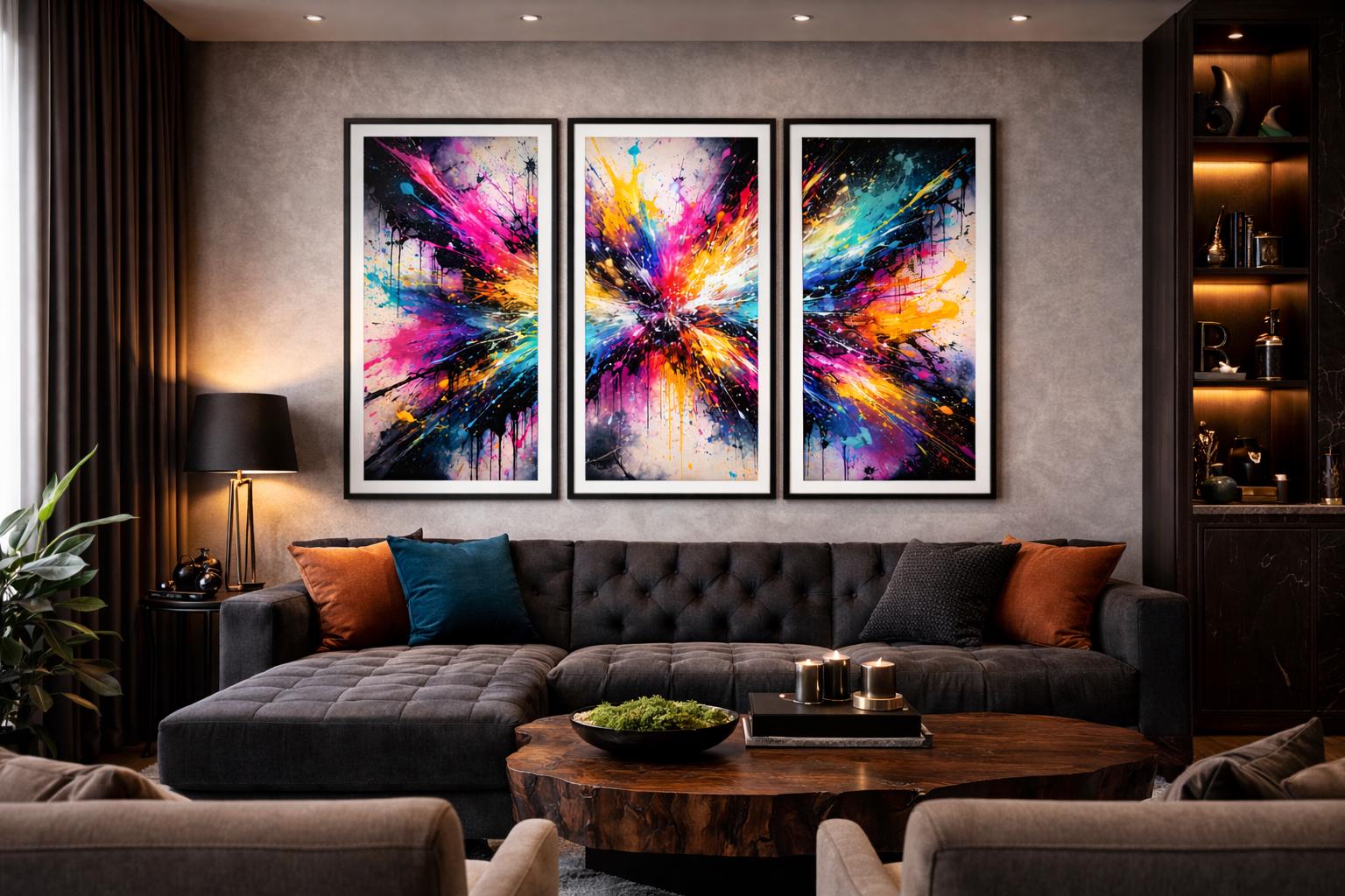 Color Explosion Triptych Wall Art, Vibrant Abstract Splatter Paint, Bold Modern Wall Decor, Neon Graffiti Printable Art Set