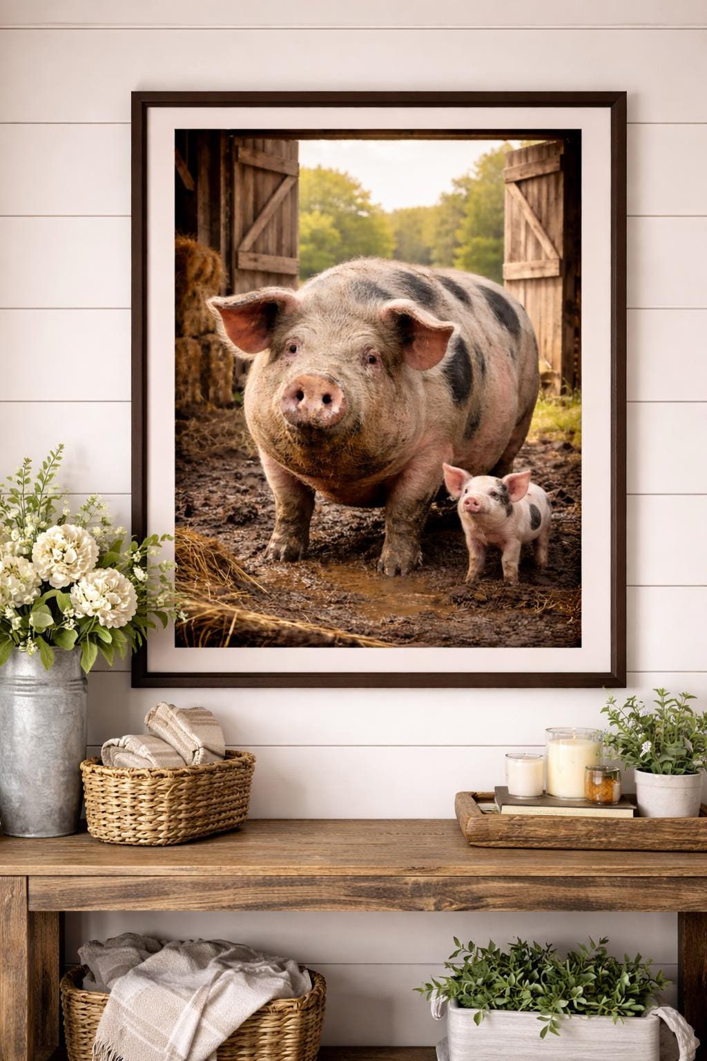 Funny Pig Wall Art, Realistic Farm Pig Art, Big Pig and Piglet Artwork, Rustic Farmhouse Barn Decor Printable