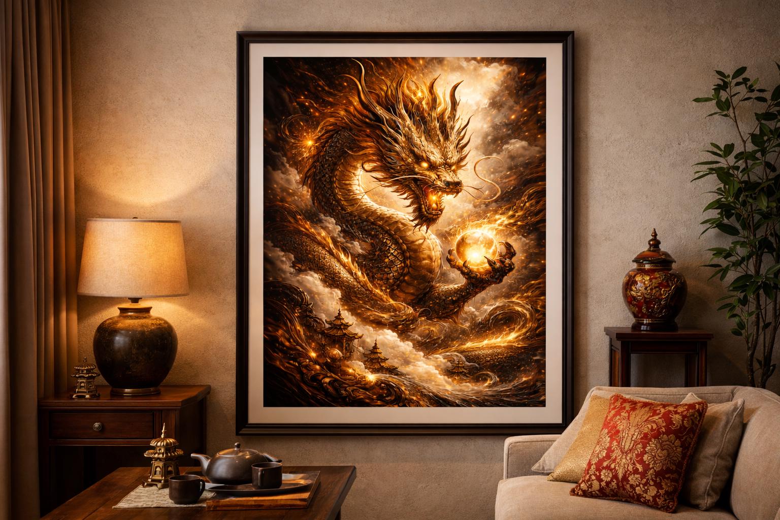 Chinese Dragon Wall Art Printable | Golden Dragon Artwork | Martial Arts & Feng Shui Decor | Powerful Asian Dragon Art