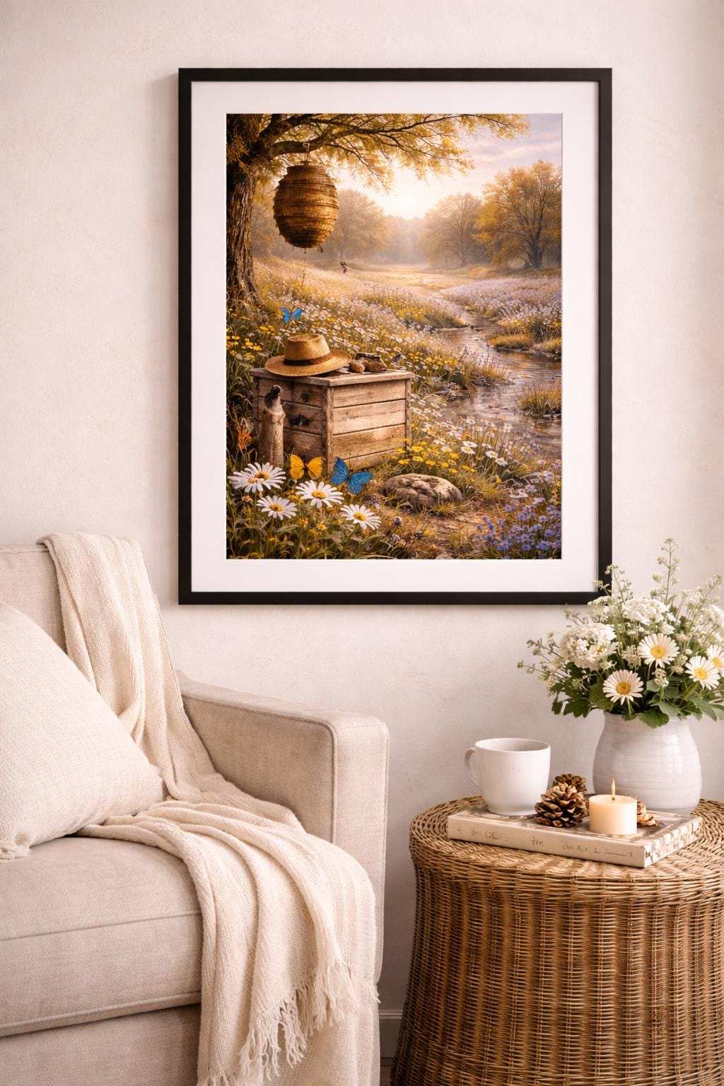 Beehive Wall Art, Butterflies and Wildflowers art, Nature Meadow Landscape, Cottage Farmhouse Printable Digital Download