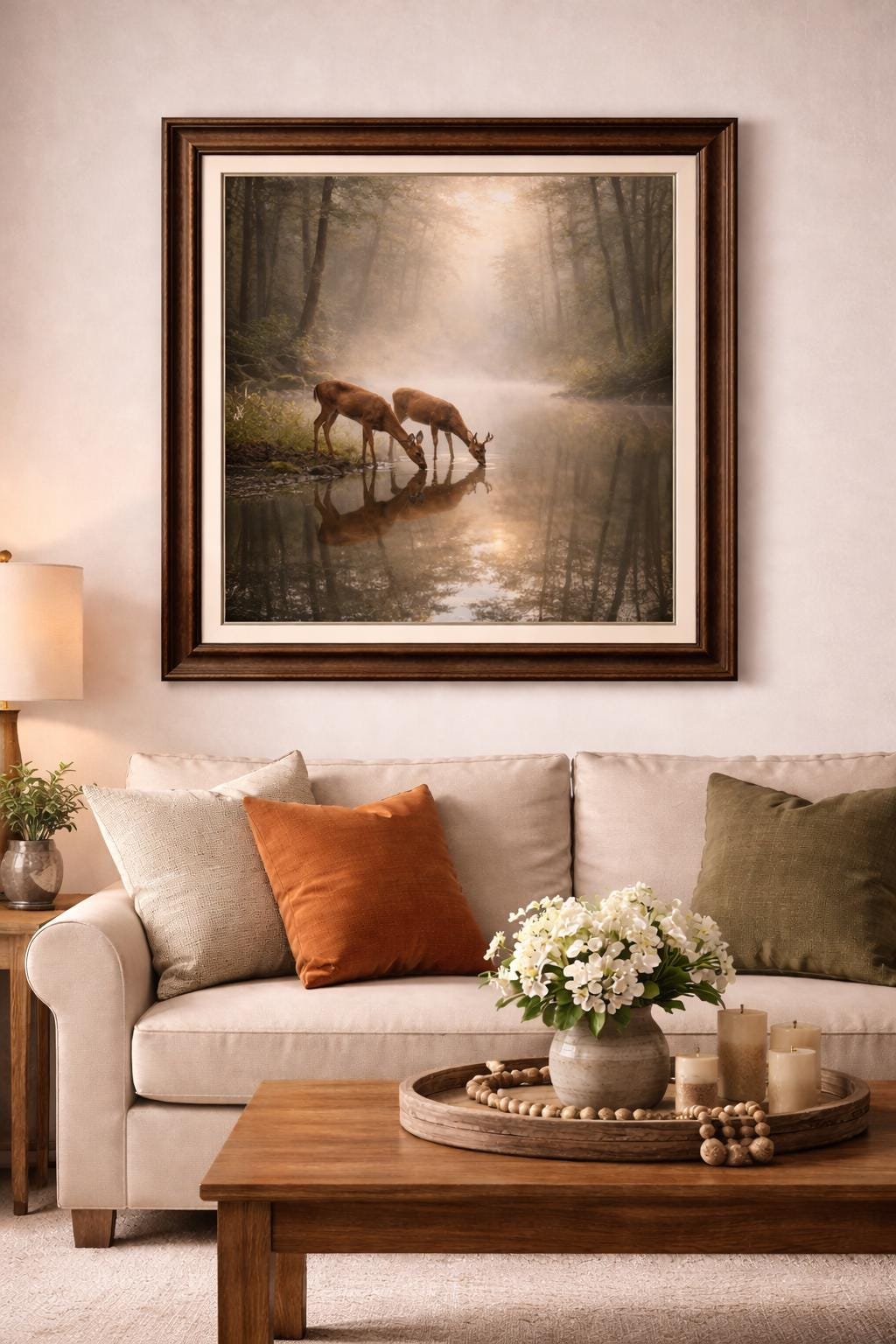 Deer by Forest Pond Wall Art, Wildlife Nature, Morning Mist Forest Decor, Rustic Cabin Art, Woodland Animal Printable, Instant print