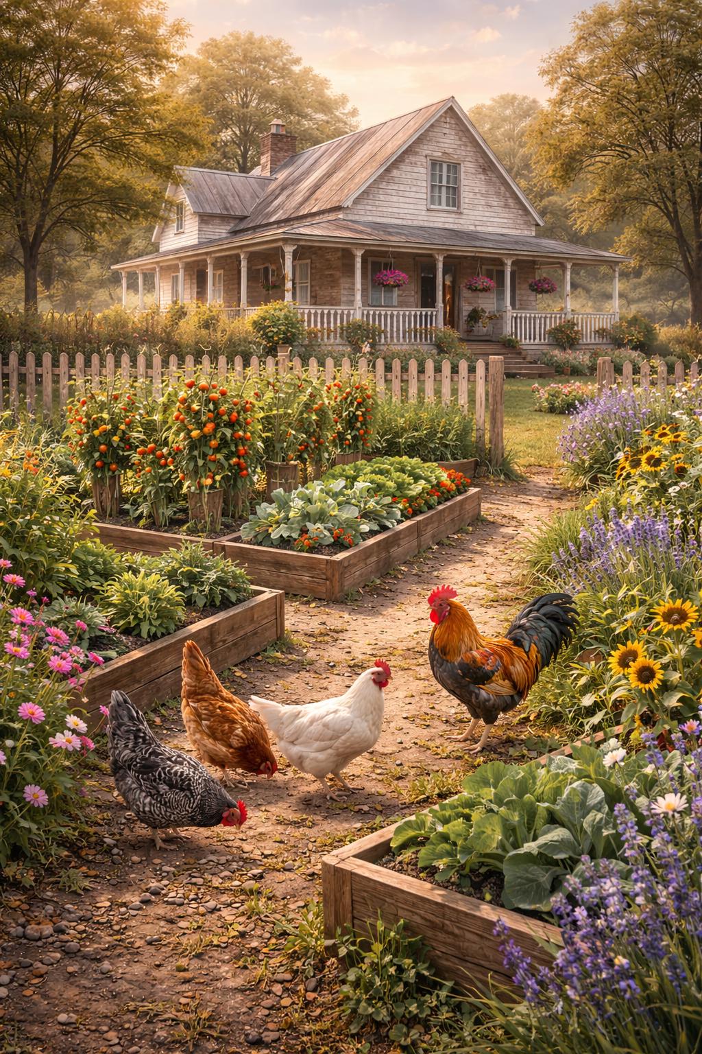 Farmhouse Garden With Chickens Wall Art, Country Garden Print, Rustic Farm Decor, Chicken Art Printable, Cottagecore Wall Art, Instant print