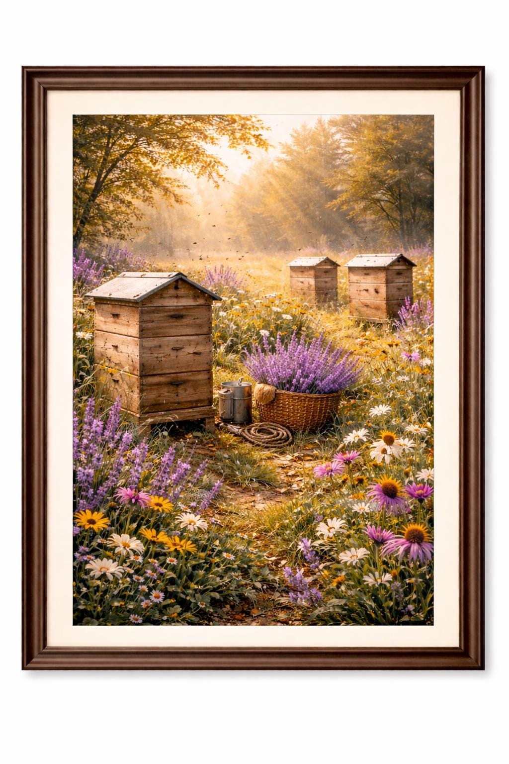 Beehives and Wildflowers Wall Art, Rustic Beekeeping Print, Cottagecore Garden Decor, Lavender Meadow Artwork, Nature Farm Printable
