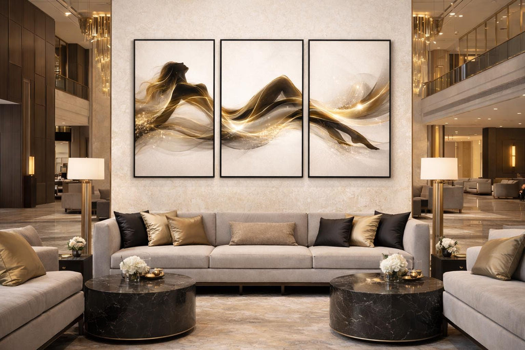 Gold Abstract Woman Silhouette Triptych, Elegant Printable Wall Art (Set of 3)