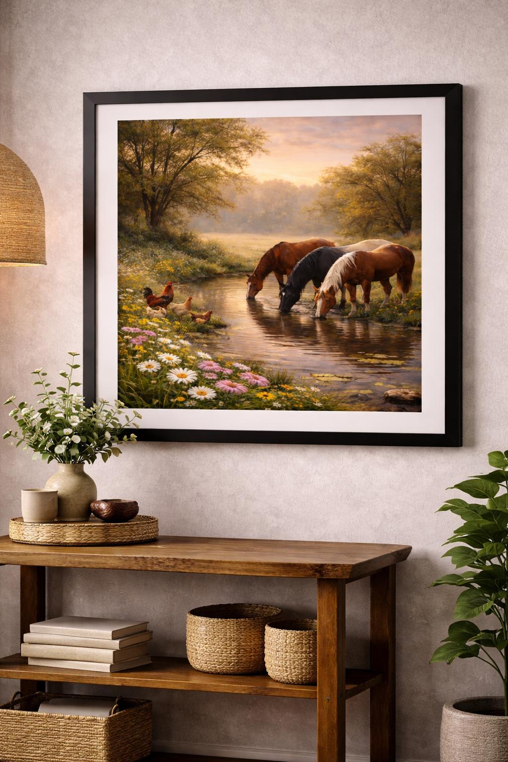 Country Horses Wall Art, Horses by Creek with Chickens, Farm Animal Landscape, Farmhouse Printable Digital Download
