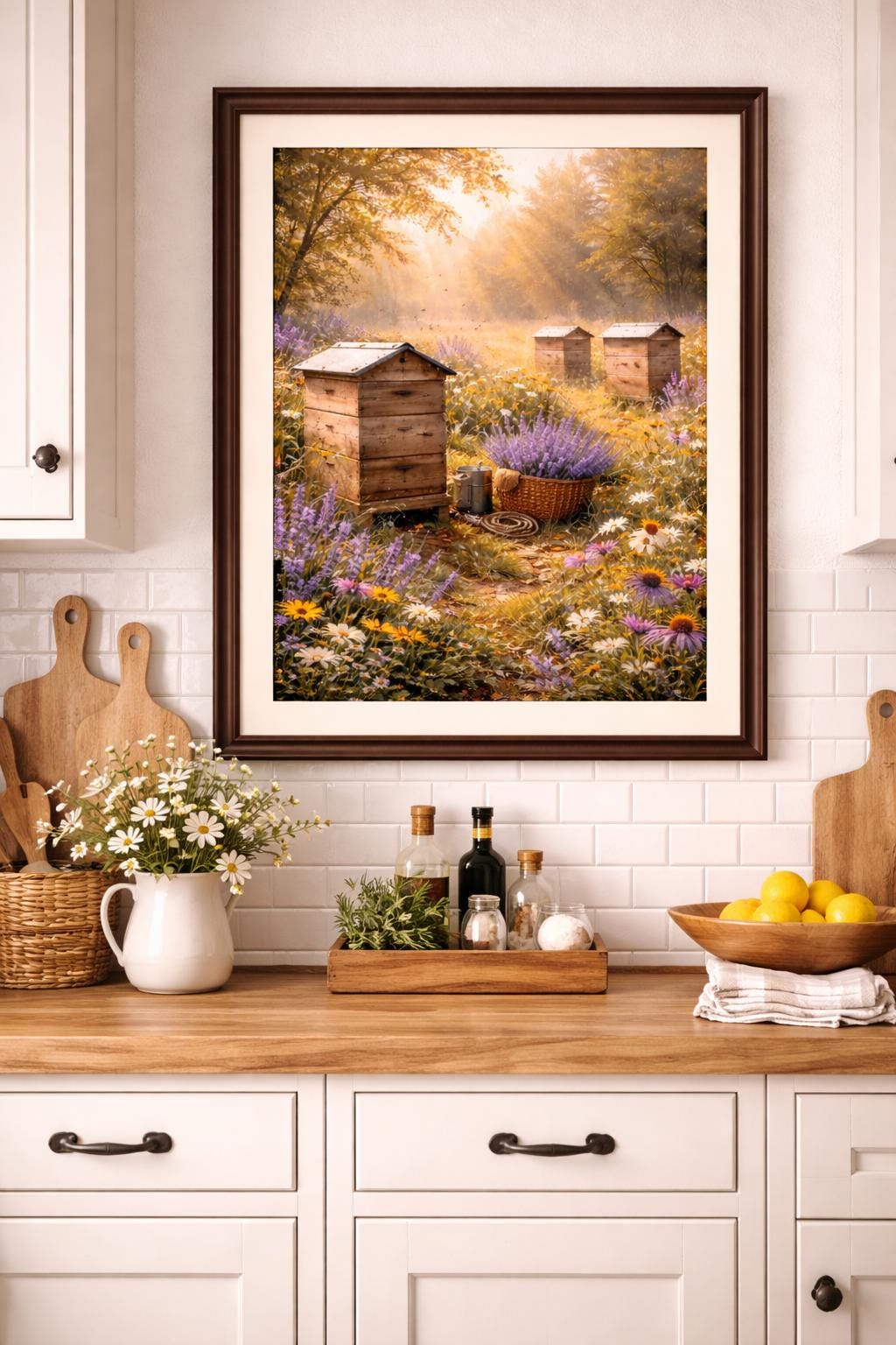 Beehives and Wildflowers Wall Art, Rustic Beekeeping Print, Cottagecore Garden Decor, Lavender Meadow Artwork, Nature Farm Printable