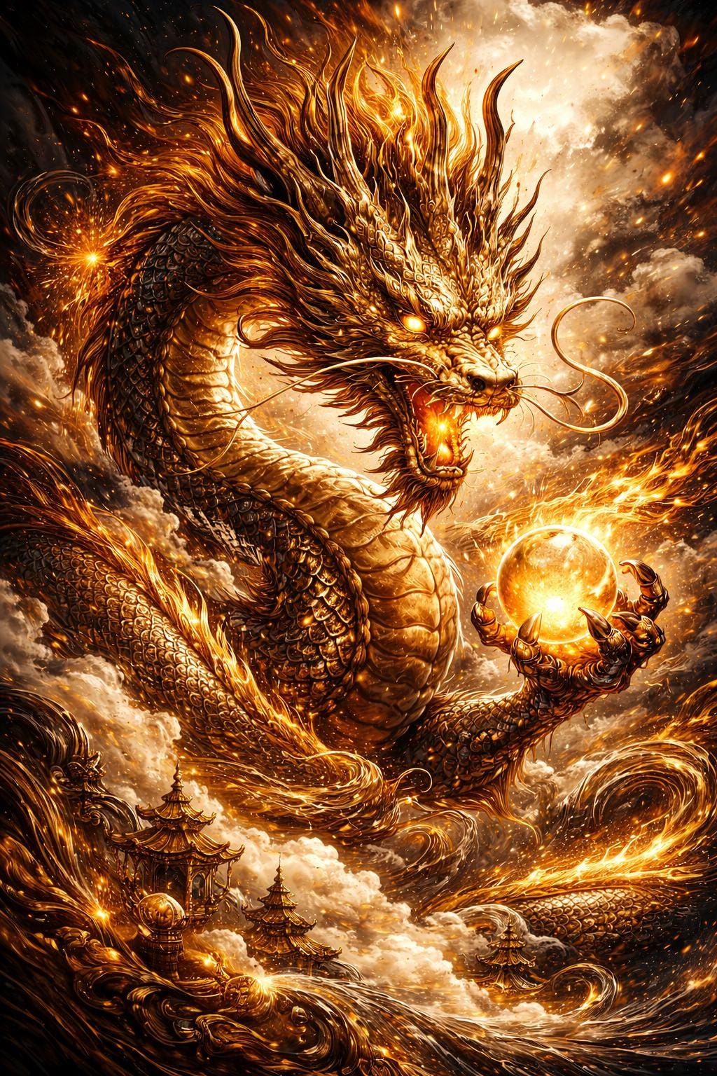 Chinese Dragon Wall Art Printable | Golden Dragon Artwork | Martial Arts & Feng Shui Decor | Powerful Asian Dragon Art