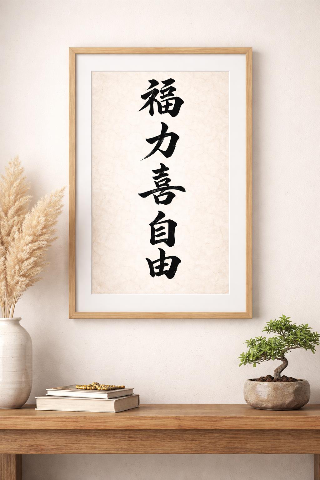Chinese Calligraphy Wall Art, Zen Blessing Power Happiness Freedom (Digital Download)