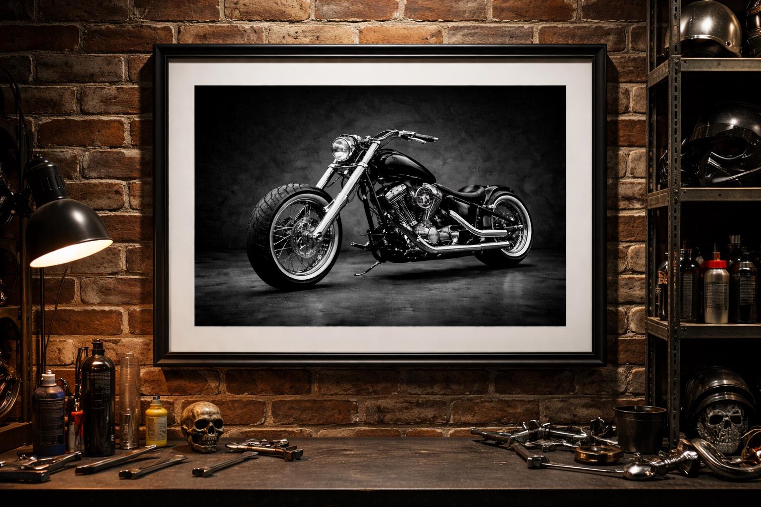 Black Motorcycle Wall Art, Biker Man Cave Decor, Custom Chopper Print, Dark Garage Art, Printable Motorcycle Poster