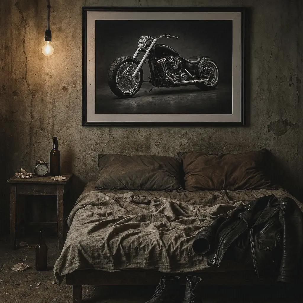 Black Motorcycle Wall Art, Biker Man Cave Decor, Custom Chopper Print, Dark Garage Art, Printable Motorcycle Poster