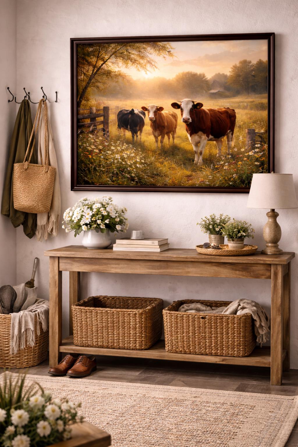 Cows at Golden Hour Wall Art, Farm Cow Pasture Print, Rustic Country Farmhouse Decor, Western Farm Artwork, Large Wall Art Printable