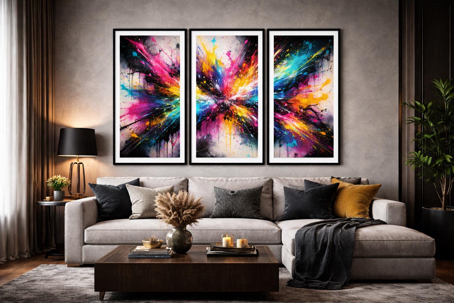 Color Explosion Triptych Wall Art, Vibrant Abstract Splatter Paint, Bold Modern Wall Decor, Neon Graffiti Printable Art Set