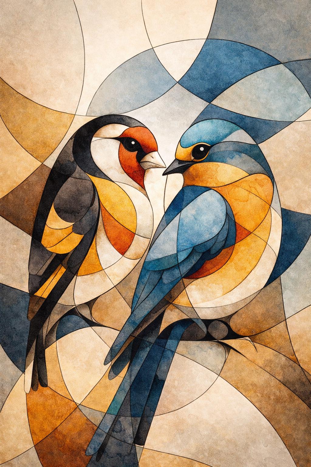 Abstract Cubist Birds Wall Art Printable, Modern Minimal Bird Artwork, Geometric Bird Art, Neutral Contemporary Decor