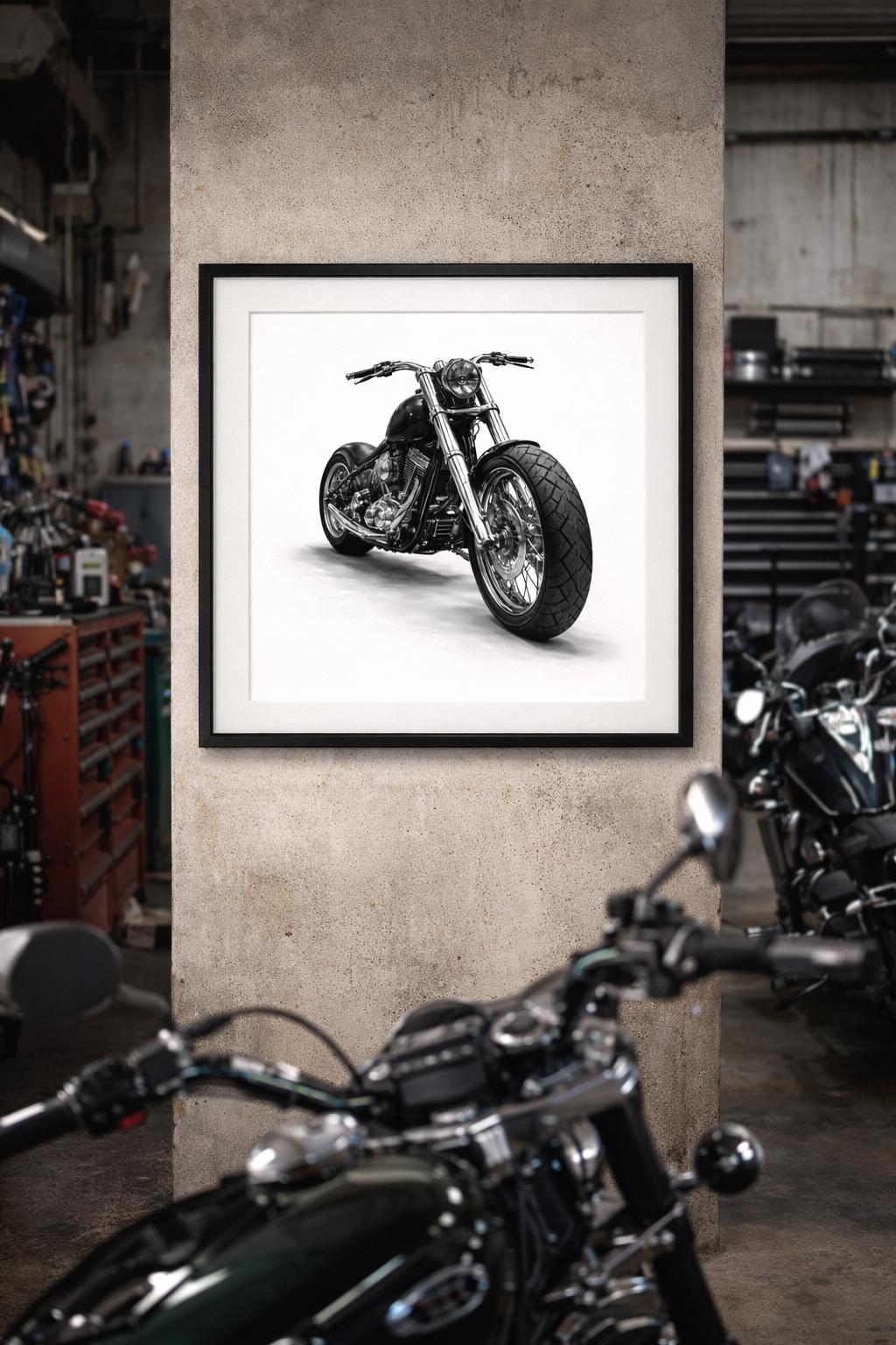 Custom Motorcycle Wall Art, Black Chopper Bike Photography, Biker Garage Decor, Modern Industrial Man Cave Art
