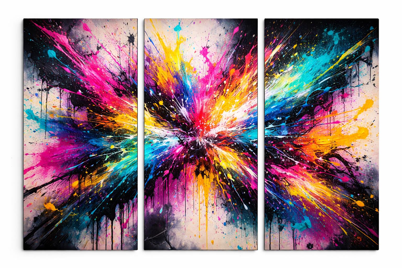Color Explosion Triptych Wall Art, Vibrant Abstract Splatter Paint, Bold Modern Wall Decor, Neon Graffiti Printable Art Set