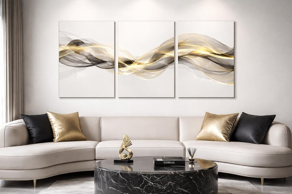Abstract Gold Ribbon Triptych, Modern Neutral Art (PDF Download Set of 3)