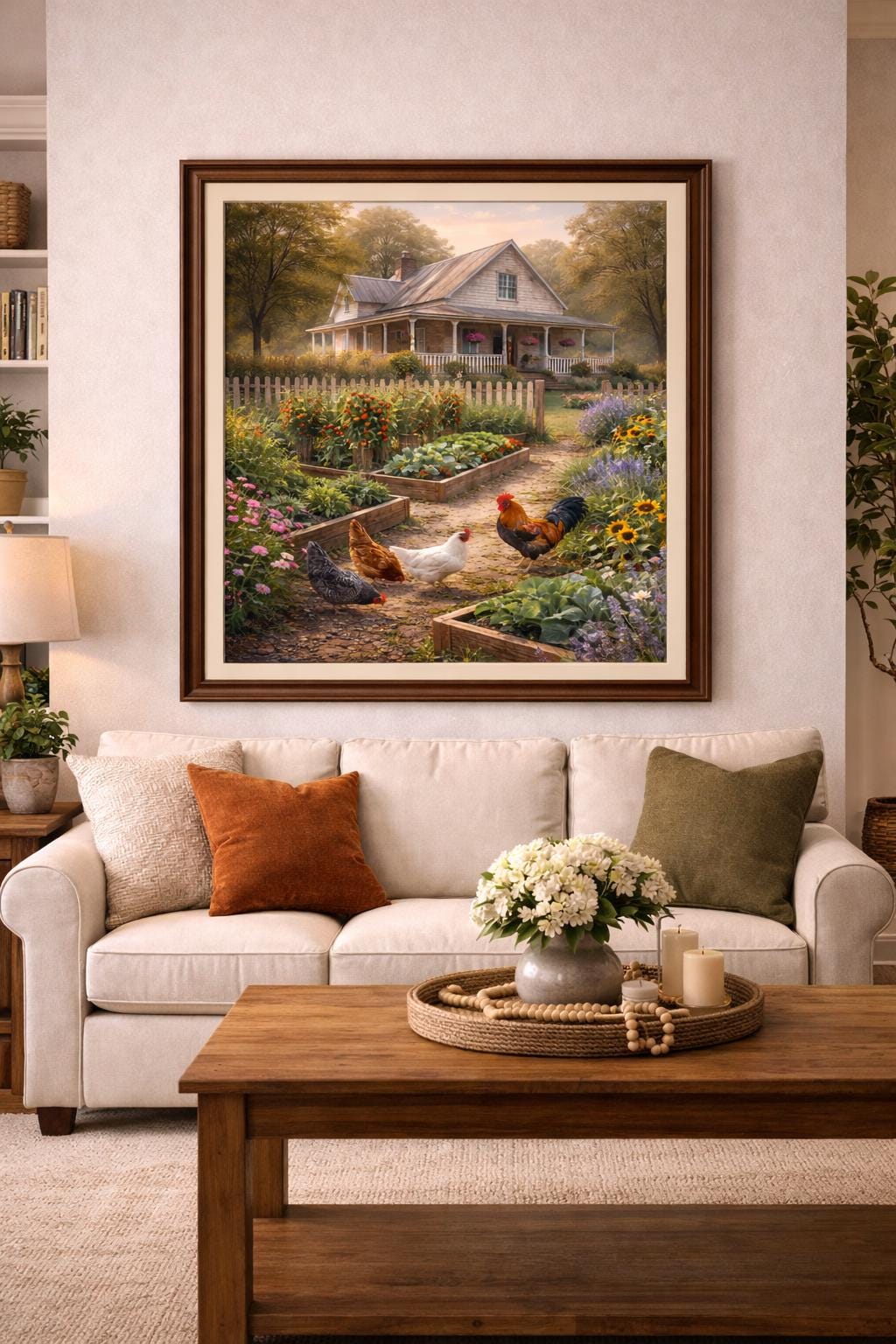 Farmhouse Garden With Chickens Wall Art, Country Garden Print, Rustic Farm Decor, Chicken Art Printable, Cottagecore Wall Art, Instant print