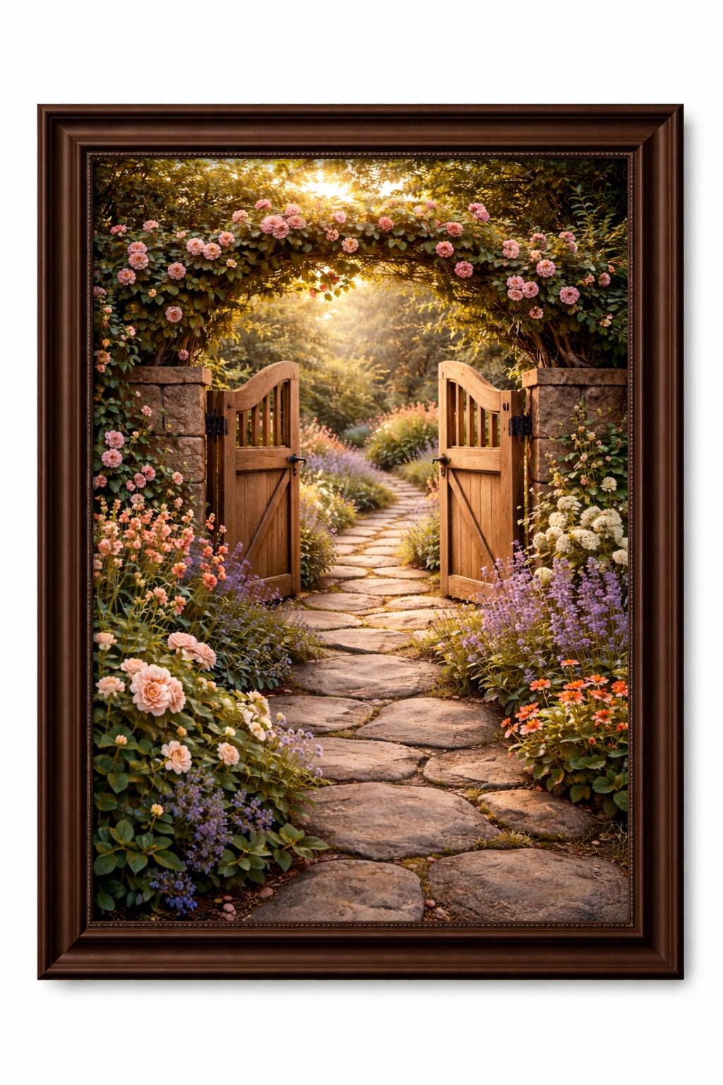 Garden Gate Wall Art, Open Garden Pathway Print, Cottage Garden Decor, Floral Stone Path Artwork, Romantic Garden Printable