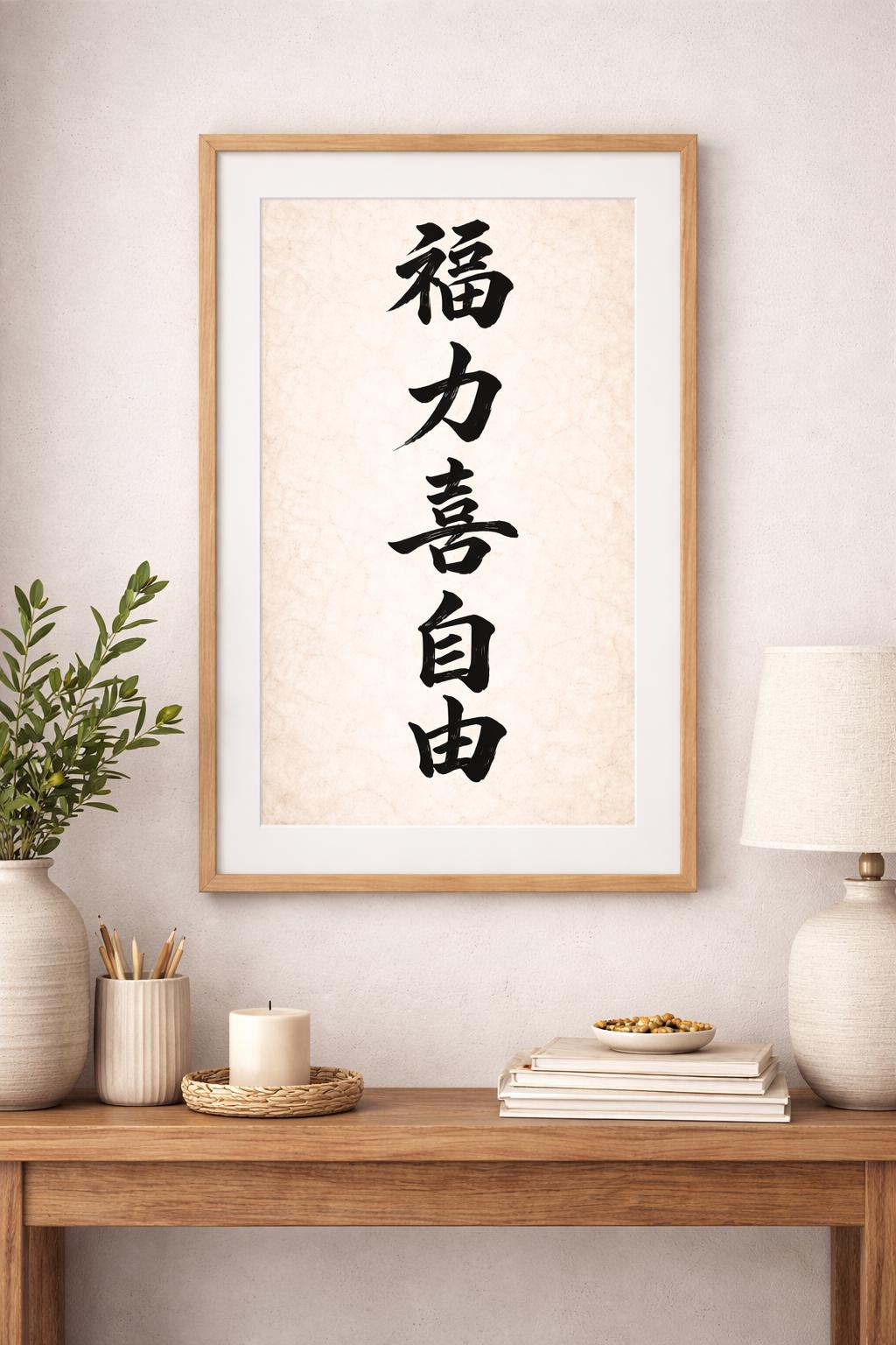 Chinese Calligraphy Wall Art, Zen Blessing Power Happiness Freedom (Digital Download)