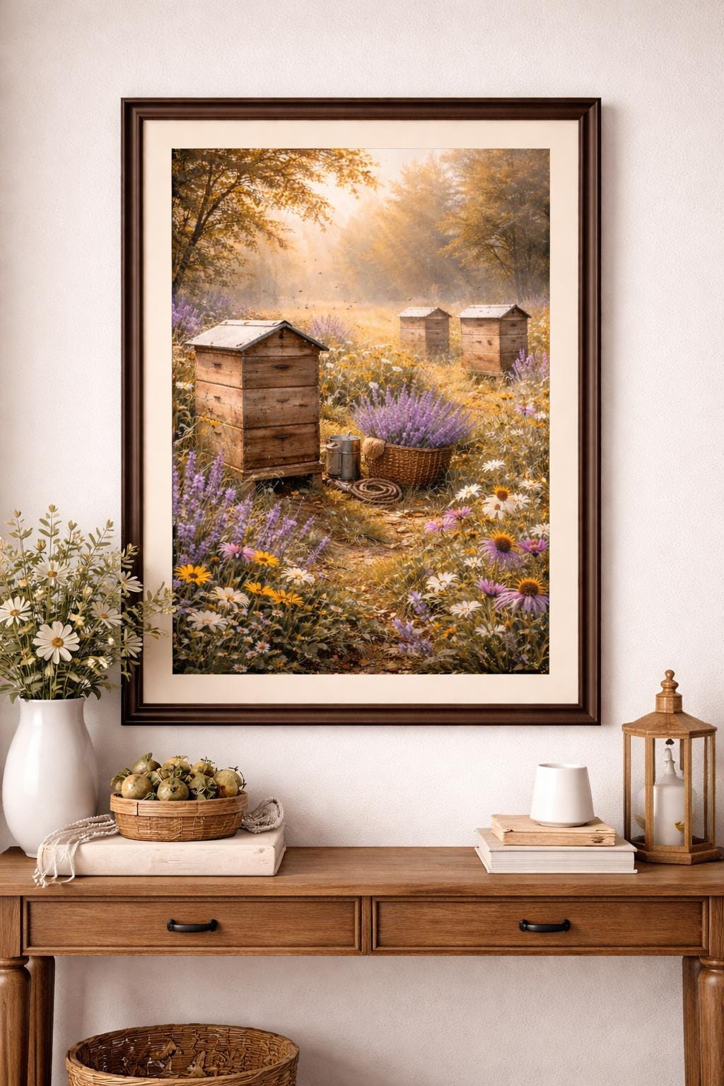 Beehives and Wildflowers Wall Art, Rustic Beekeeping Print, Cottagecore Garden Decor, Lavender Meadow Artwork, Nature Farm Printable