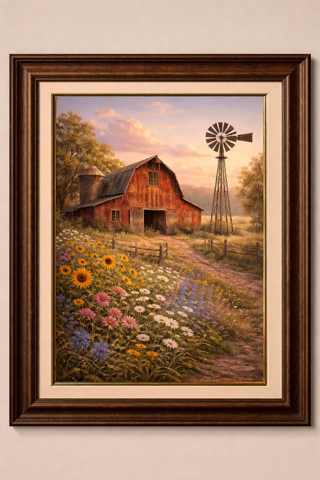 Barn Windmill Wall Art Printable, Rustic Farm Landscape, Wildflower Meadow Painting, Farmhouse Country Decor, Digital Download