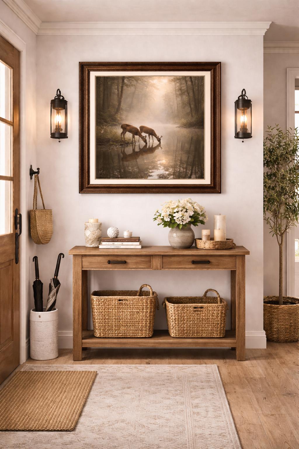 Deer by Forest Pond Wall Art, Wildlife Nature, Morning Mist Forest Decor, Rustic Cabin Art, Woodland Animal Printable, Instant print