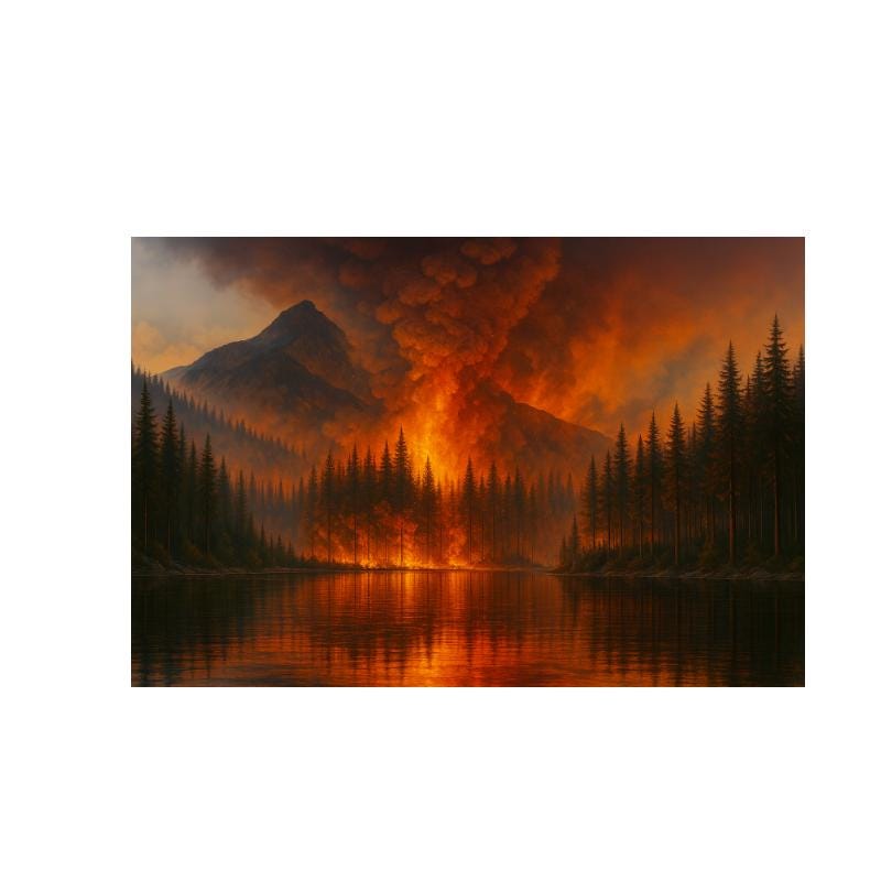 Fiery Mountain Forest Fire Landscape Art