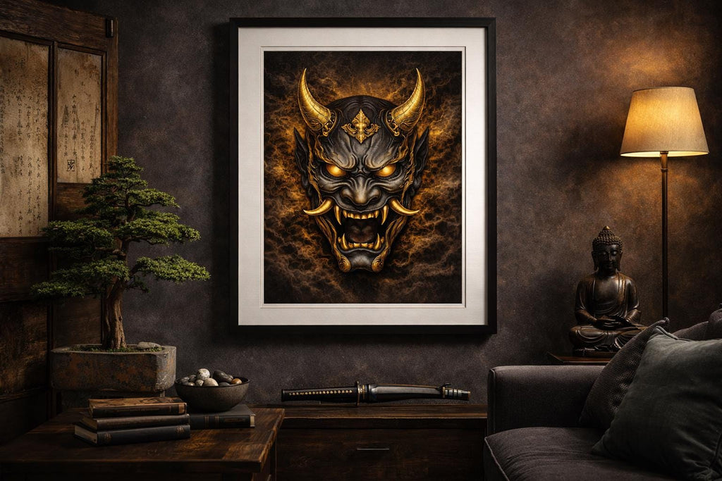 Black and Gold Hannya Mask Wall Art | Japanese Demon Art Printable | Samurai Tattoo Style Decor | Luxury Dark Wall Art