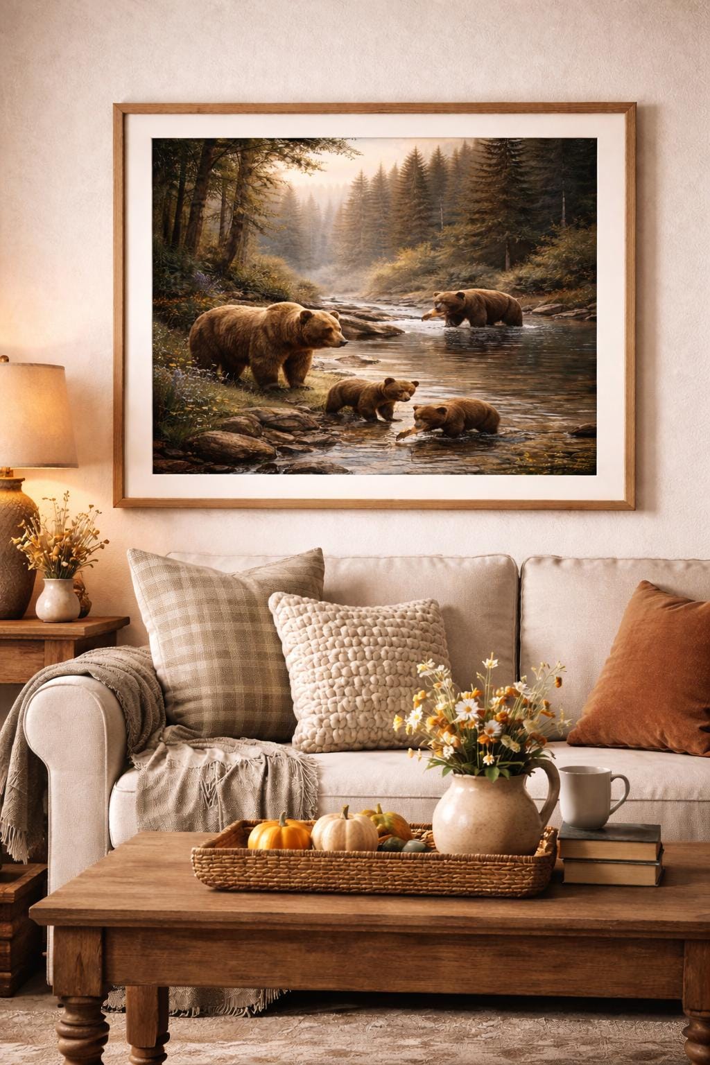 Bears by Woodland Stream Wall Art, Rustic Wildlife Landscape, Forest River Bears Print, Nature Cabin Decor Printable