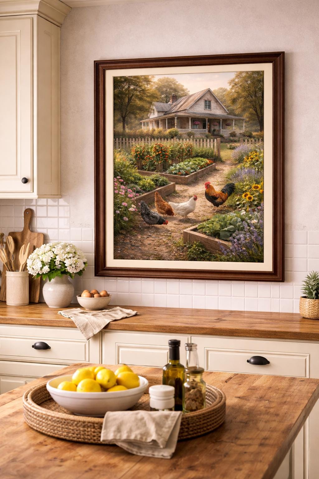 Farmhouse Garden With Chickens Wall Art, Country Garden Print, Rustic Farm Decor, Chicken Art Printable, Cottagecore Wall Art, Instant print