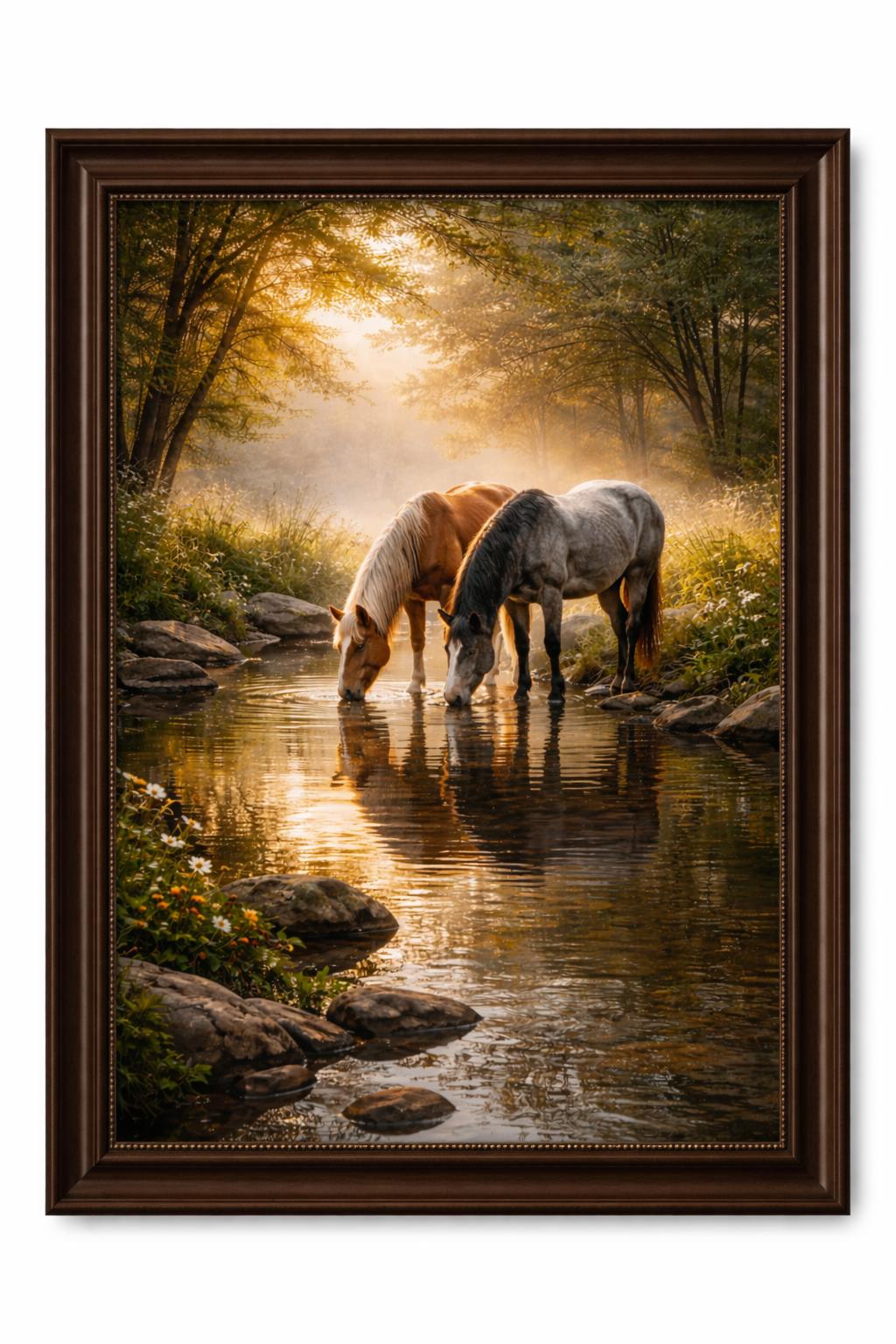 Horses Drinking at a Stream Wall Art, Horse Nature Print, Woodland Creek Artwork, Rustic Cabin Decor, Horse Lover Wall Art, Instant Download
