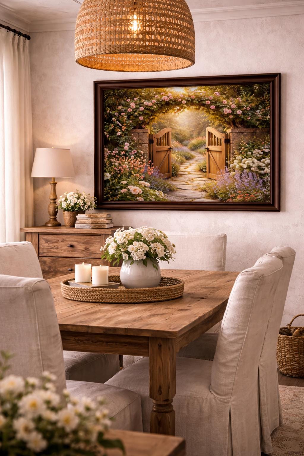 Garden Gate Wall Art, Open Garden Pathway Print, Cottage Garden Decor, Floral Stone Path Artwork, Romantic Garden Printable