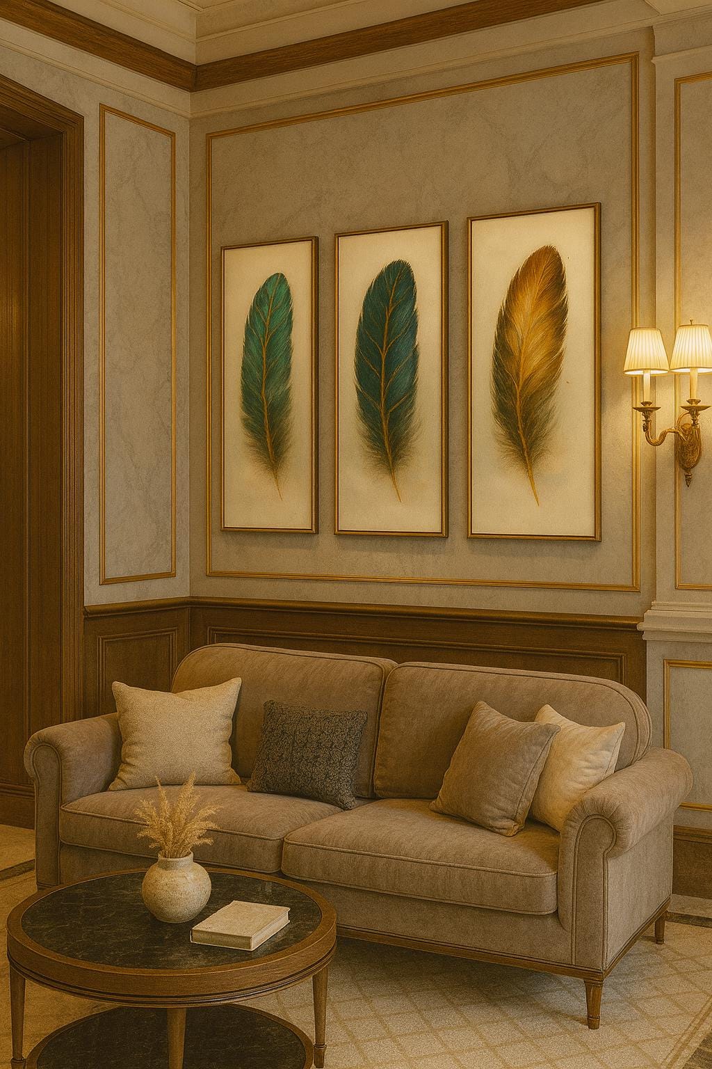 Feather Triptych Wall Art | Elegant Gold Accent Decor (Digital Download)