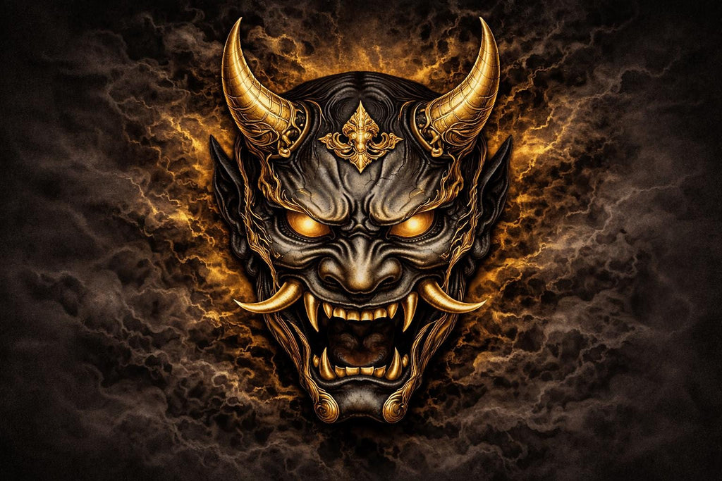 Black and Gold Hannya Mask Wall Art | Japanese Demon Art Printable | Samurai Tattoo Style Decor | Luxury Dark Wall Art